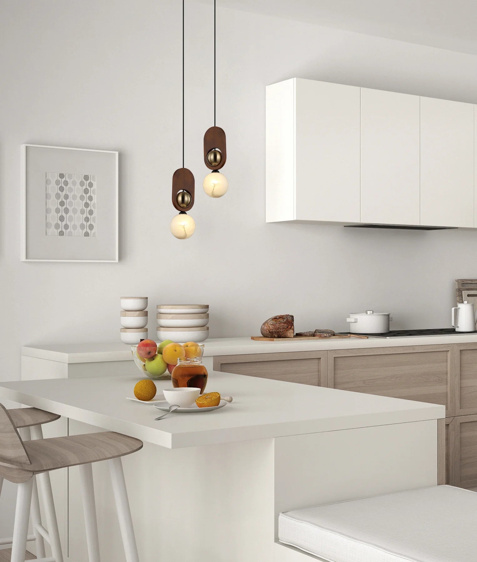 CLA Palta Interior Sandblasted Opal Diffuser with Brass & Wood Highlight Pendant Lights - Mases LightingCLA