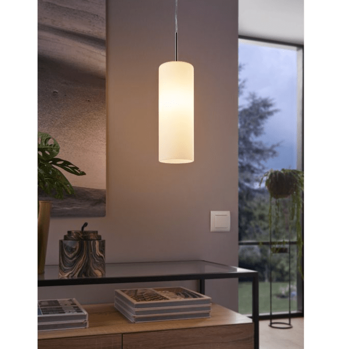 Eglo Troy 1 Light Pendant Satin Nickel & White 110mm - 85977 - Mases LightingEglo