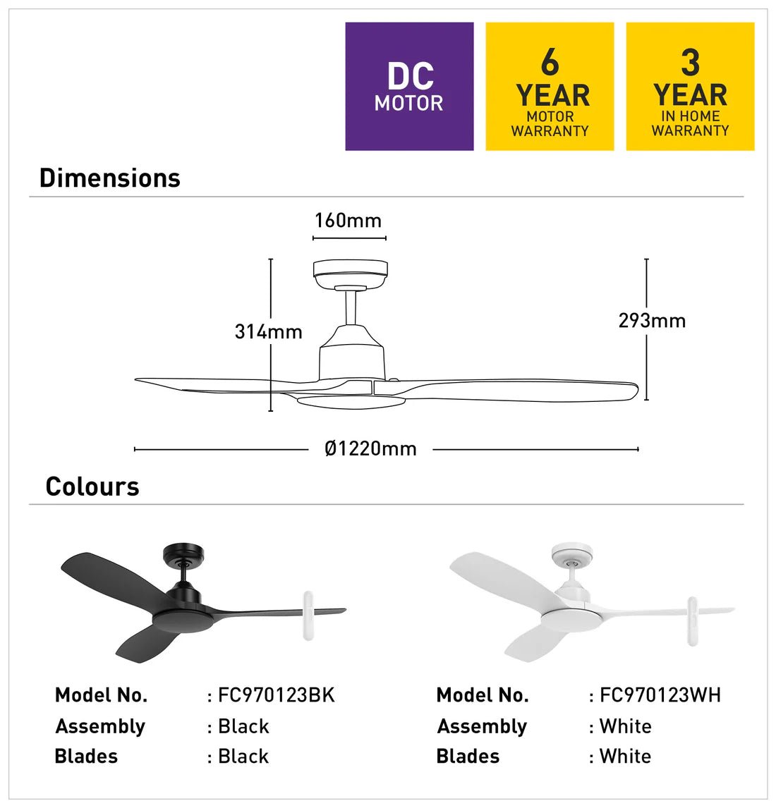 Mercator Raptor S DC Ceiling Fan 48" Black or White FC970123 - Mases LightingMercator