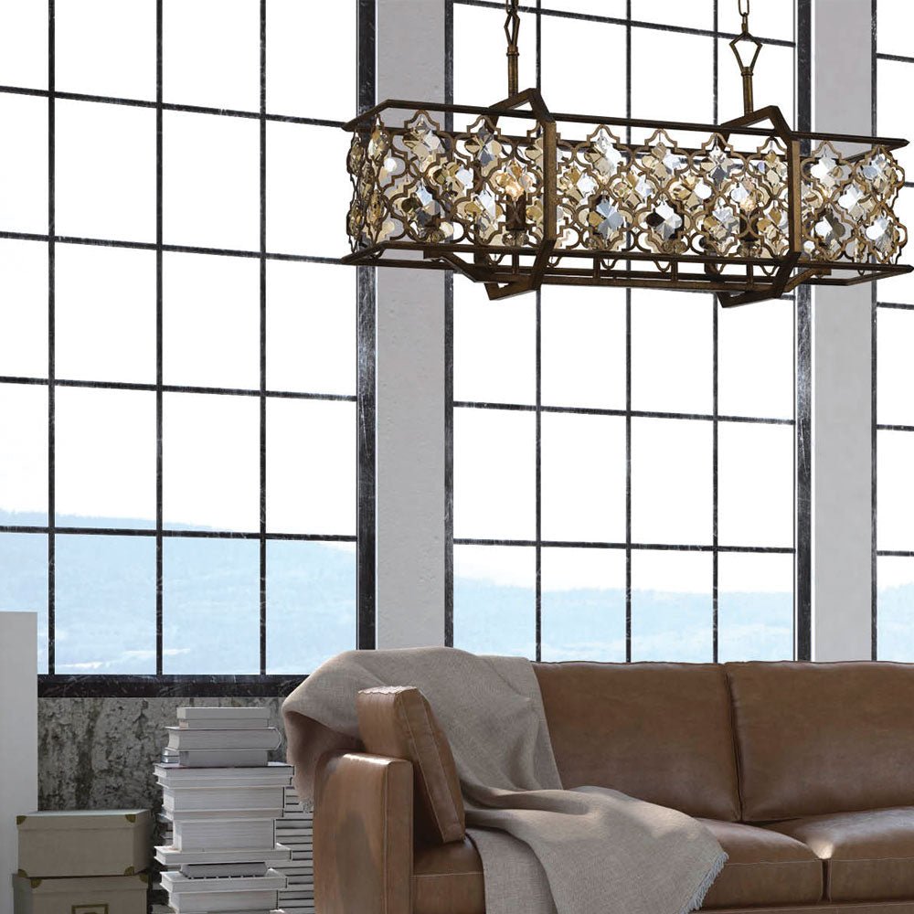 Telbix Mimosa Rectangle 6LT Pendant - Mocha and Crystal/ Square