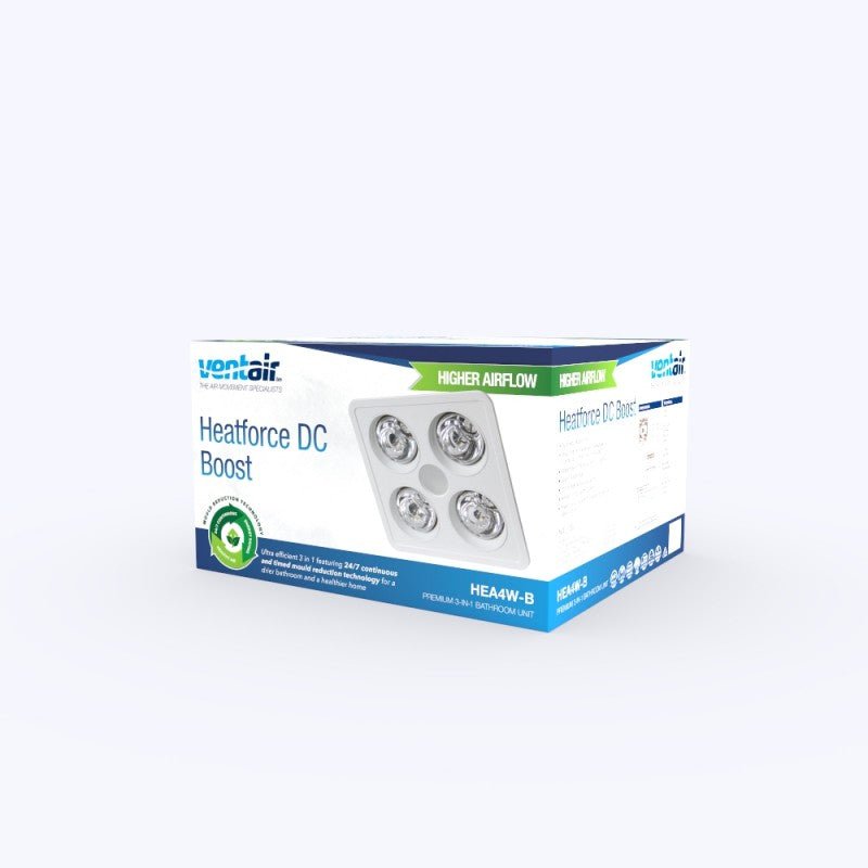Ventair Heatforce DC 4 Bathroom 3 - in - 1 Heat, Light & Exhaust Fan with Boost | White - Mases LightingVentair