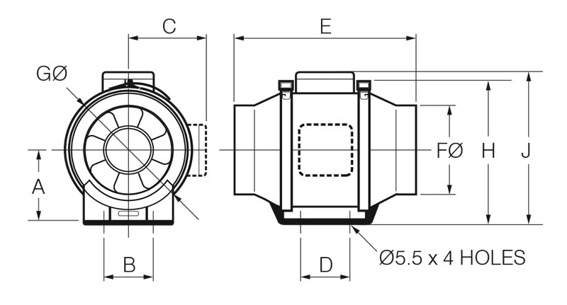 245-1008m³/h ProVent In-Line Duct Mounted Exhaust Fan Exhaust Fan Black in 100mm/125mm/150mm/200mm - Mases LightingFantech