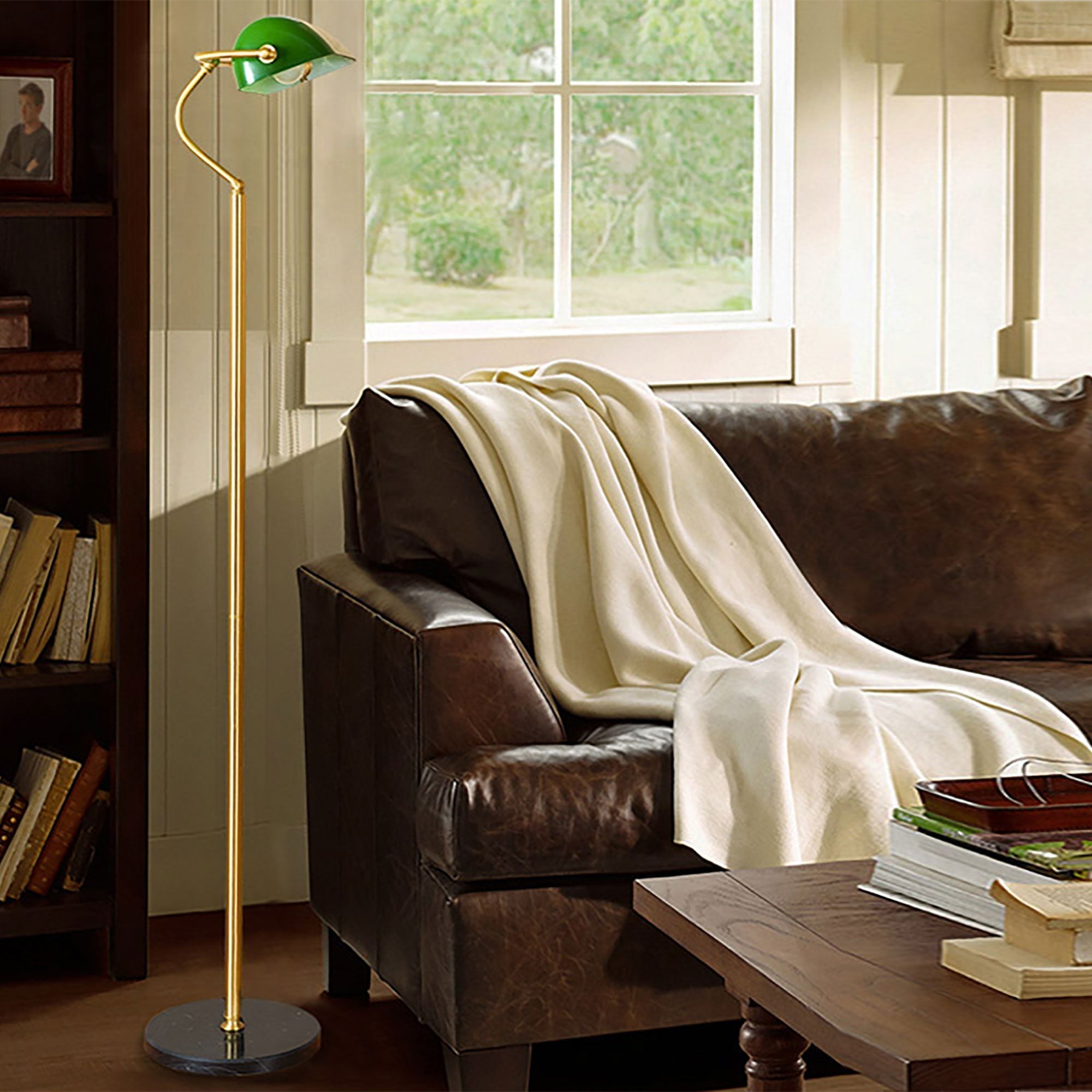 Bankers 1 Light Floor Lamp Antique Brass & Green - OL99443AB - Mases LightingOriel Lighting