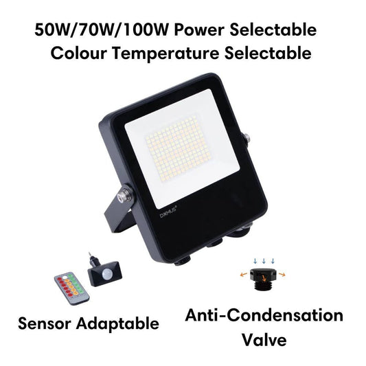 Domus BLAZE-PRO - 50/70/100W LED Tri-Colour Power Selectable Sensor Adaptable Small Size DIY Floodlight IP66 - Mases LightingDomus