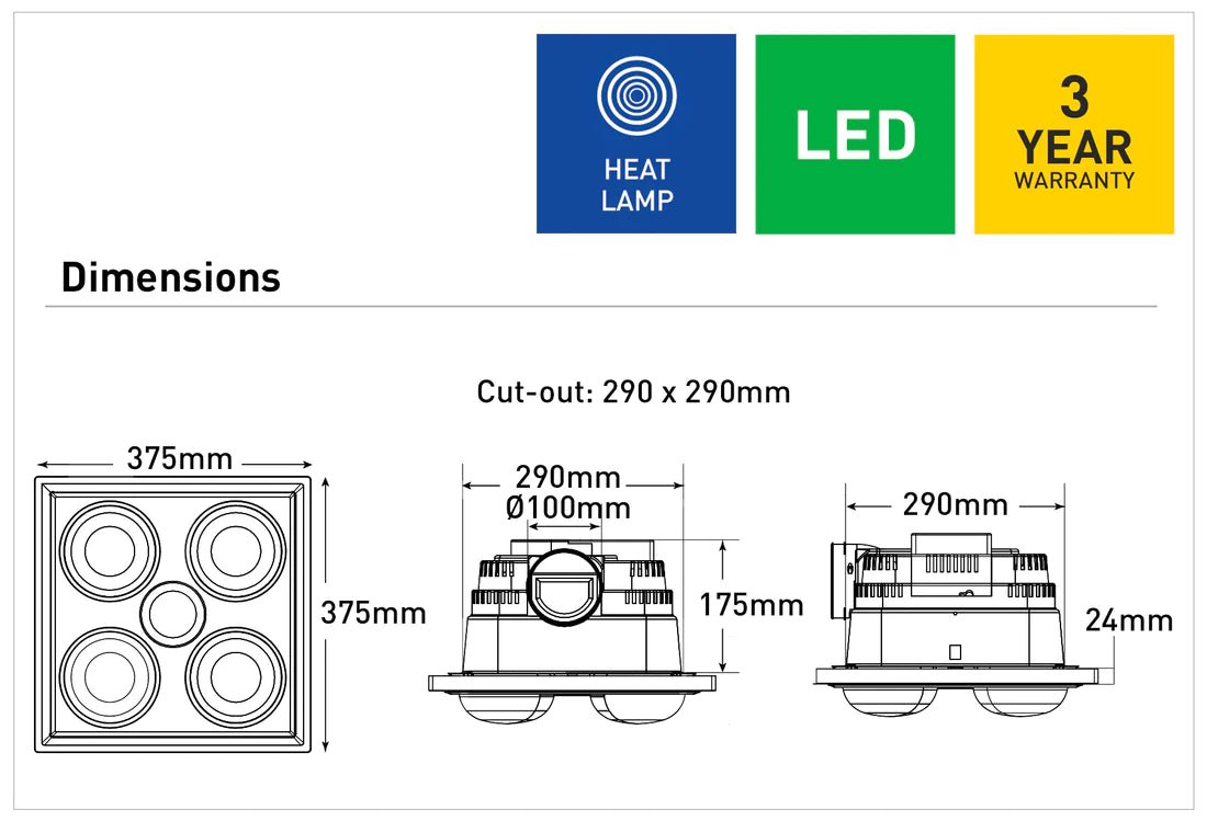 Mercator Midas Quattro 3-In-1 Bathroom Heater With Exhaust Fan And LED Light
