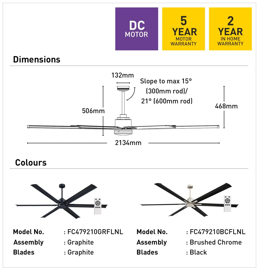 Mercator Rhino 2.1m DC Ceiling Fan With Remote Brushed Chrome