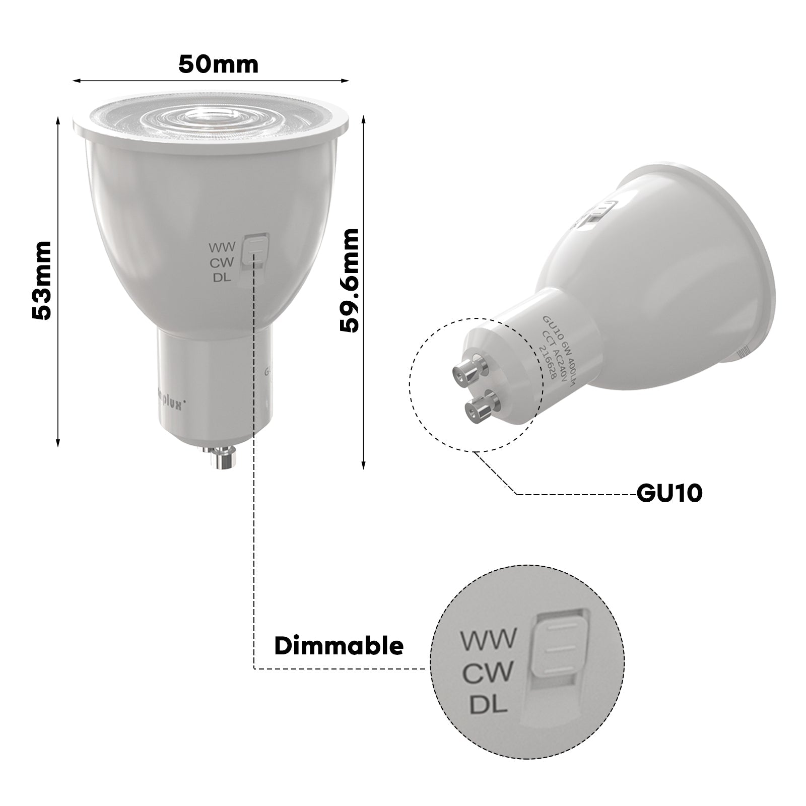Pack of 10 - 6W = 50W LED Tri-Colour GU10 Globes