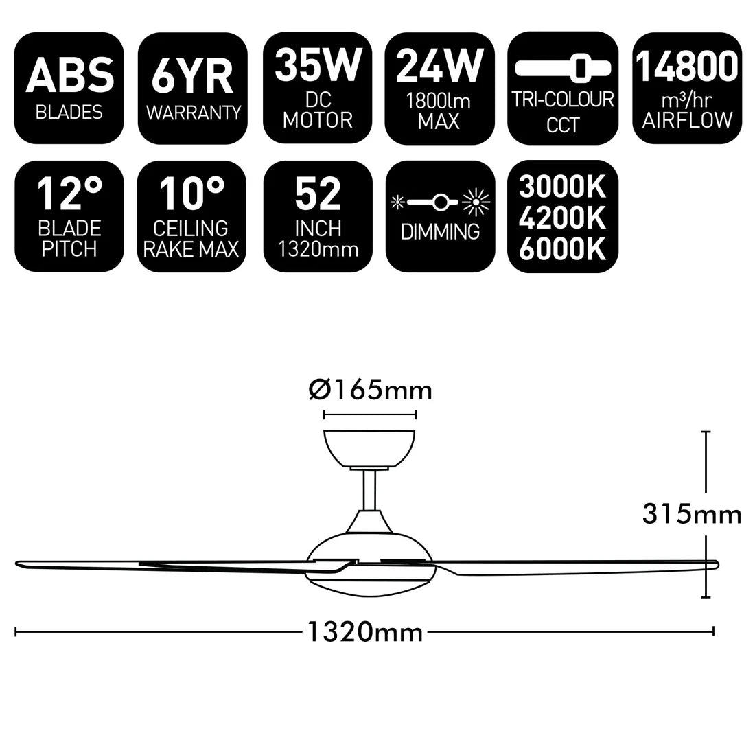 Brilliant Amari Series II 4-Blades 52'' DC Ceiling Fan With of Without Light