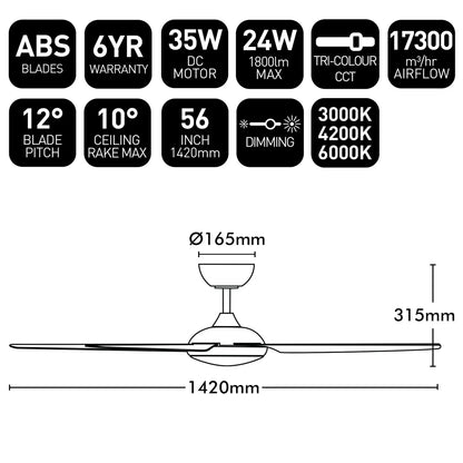 Brilliant Amari Series II 56'' DC 5-Blades Ceiling Fan With or Without Light
