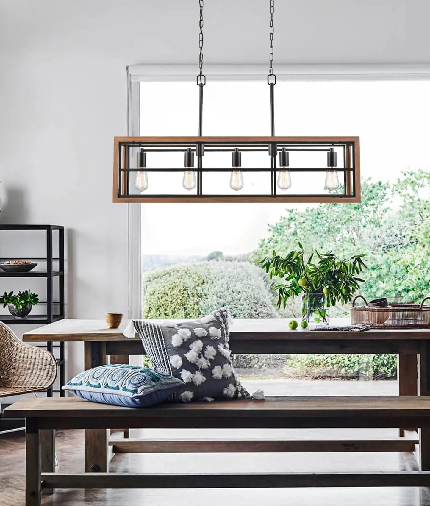 CLA BANQUET: Retro Interior Rectangular Wood Frame Pendant Light - Mases LightingCLA