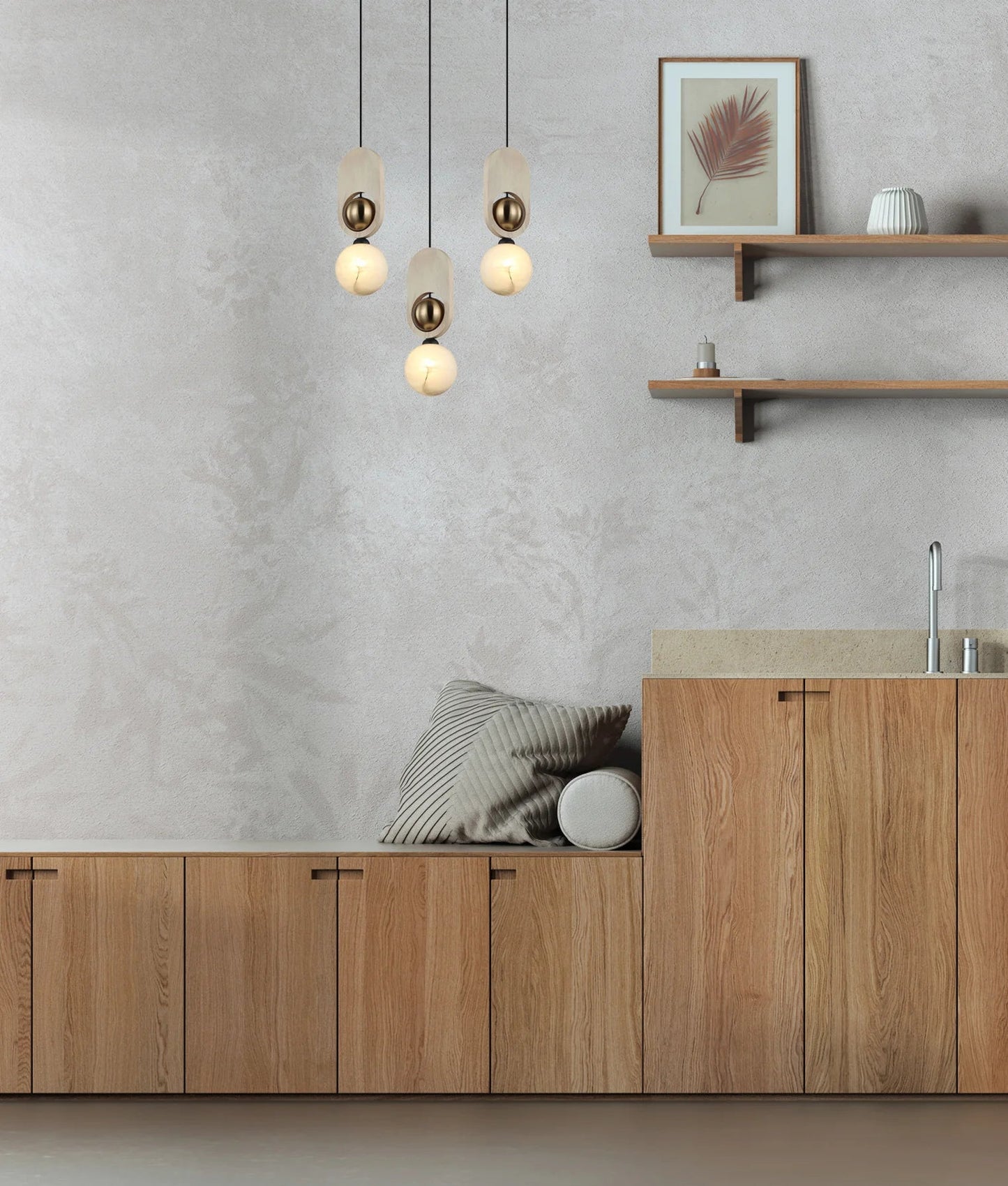 CLA Palta Interior Sandblasted Opal Diffuser with Brass & Wood Highlight Pendant Lights - Mases LightingCLA