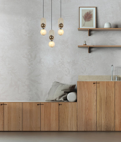 CLA Palta Interior Sandblasted Opal Diffuser with Brass & Wood Highlight Pendant Lights - Mases LightingCLA