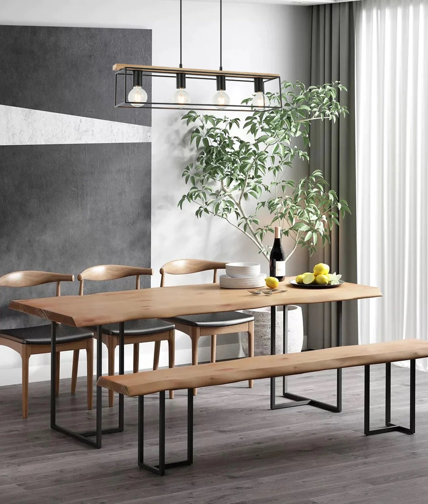 CLA VIRUN Interior Rectangular Frame Wood with Black Hardware Pendant Light - Mases LightingCLA