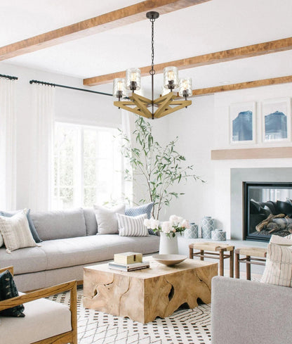 CLA VOTIF: Retro Interior Candelabra Oak Wood with Clear Blown Dimpled Glass Pendant Light - Mases LightingCLA
