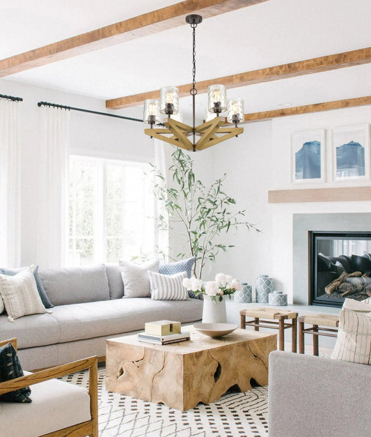 CLA VOTIF: Retro Interior Candelabra Oak Wood with Clear Blown Dimpled Glass Pendant Light - Mases LightingCLA