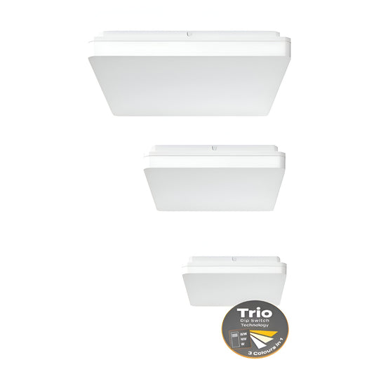 Domus SUNSET 250/300/400mm Square - 15W/25W/35W LED Tricolour Dimmable IP54 Oyster Light - White - Mases LightingDomus