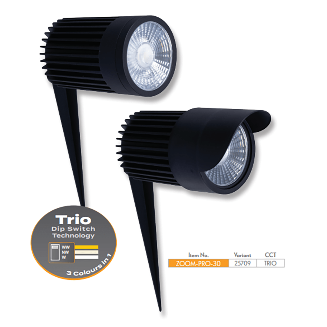 Domus ZOOM - PRO - 5 - 12 - 30 | 5W - 12W - 30W LED 12/24V Tri - Colour Exterior LED Garden Spike Light Black - DRIVER REQUIRED - Mases LightingDomus