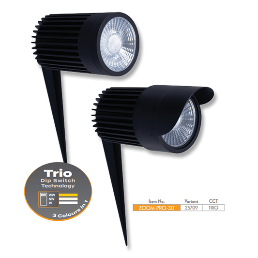 Domus ZOOM - PRO - 5 - 12 - 30 | 5W - 12W - 30W LED 12/24V Tri - Colour Exterior LED Garden Spike Light Black - DRIVER REQUIRED - Mases LightingDomus