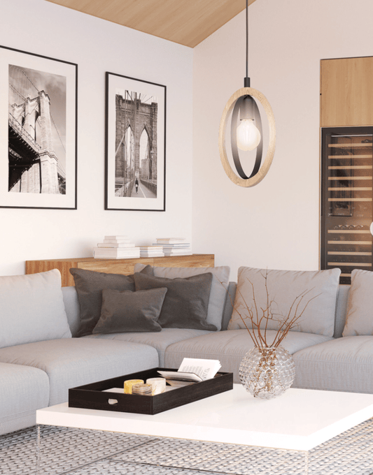 Eglo BASILDON PENDANT LIGHT 1X40W E27 BLACK WITH NATURAL WOOD ACCENT 43461N - Mases LightingEglo