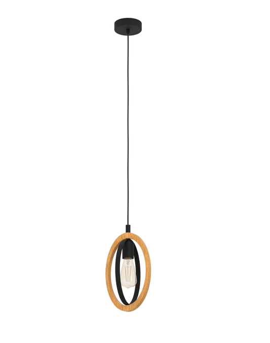 Eglo BASILDON PENDANT LIGHT 1X40W E27 BLACK WITH NATURAL WOOD ACCENT 43461N - Mases LightingEglo