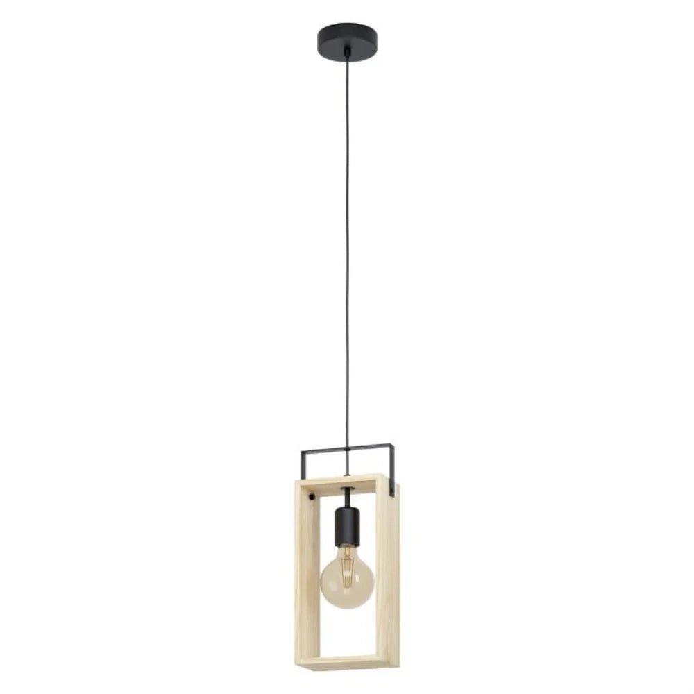 Eglo Famborough 1 Light Pendant Black Steel Nutural Wood - 43413N - Mases LightingEglo