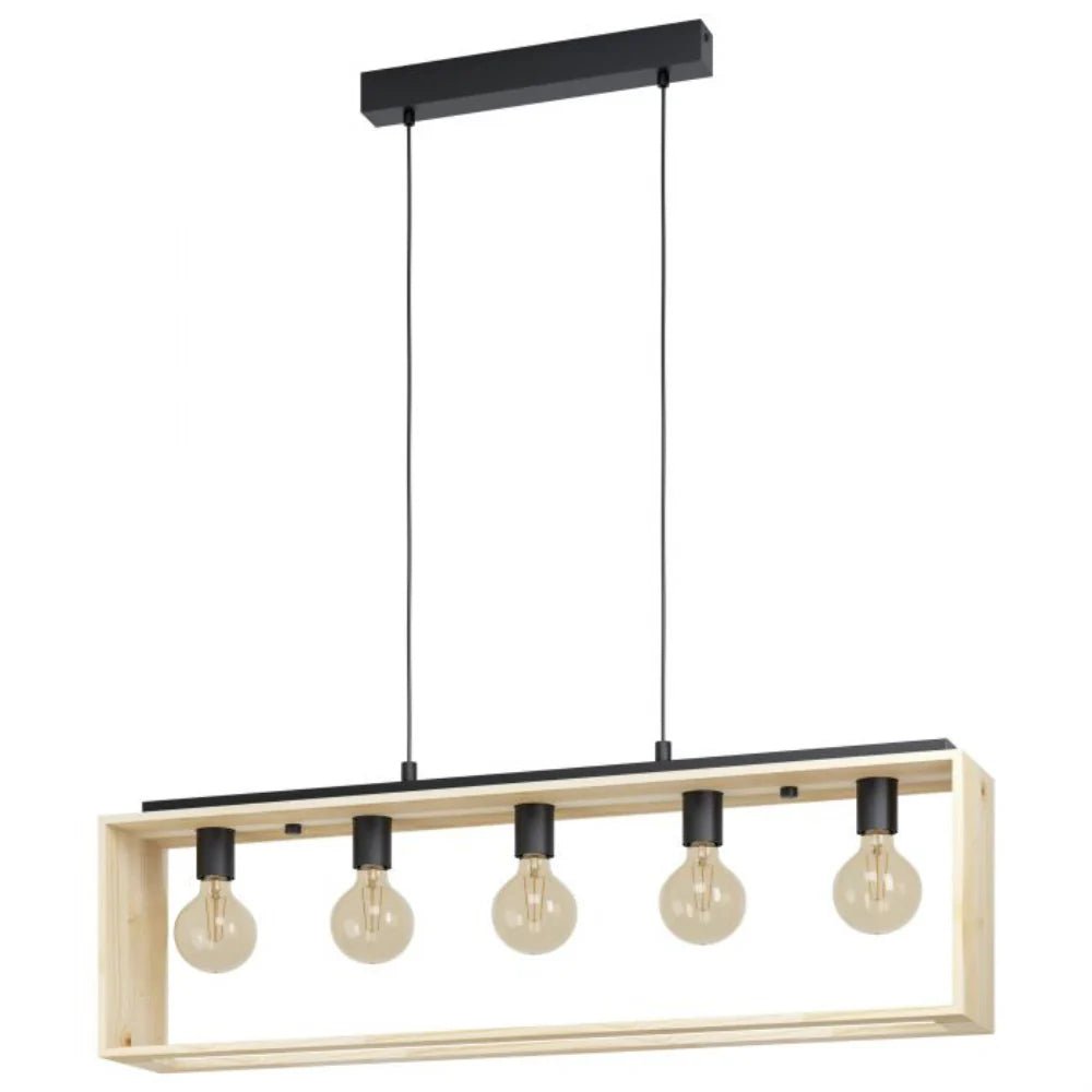 Eglo Famborough 5 Light Pendant Black Steel Nutural Wood - 43414N - Mases LightingEglo