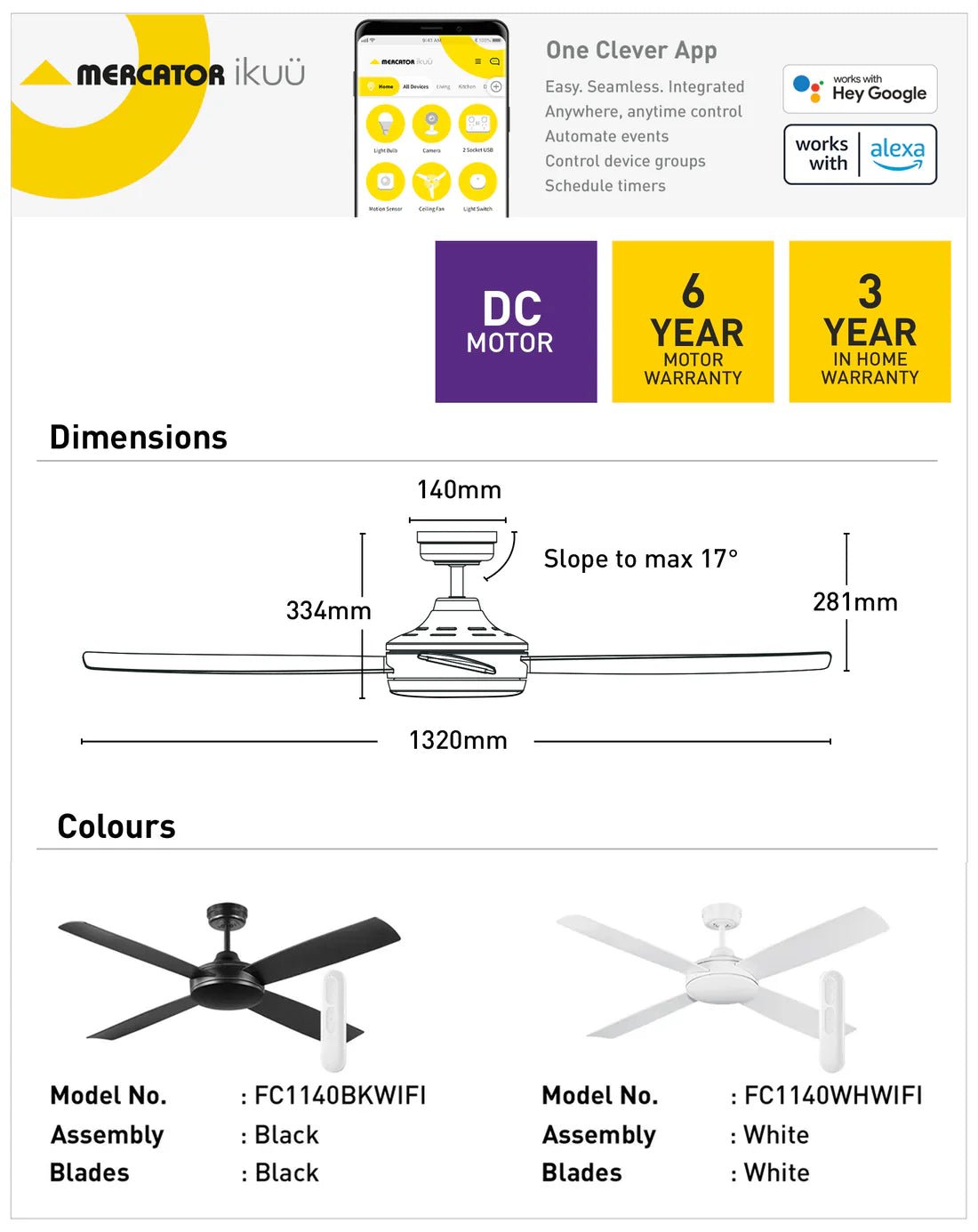 Mercator Anova Smart DC Ceiling Fan Wi - Fi in Black or White - Mases LightingMercator