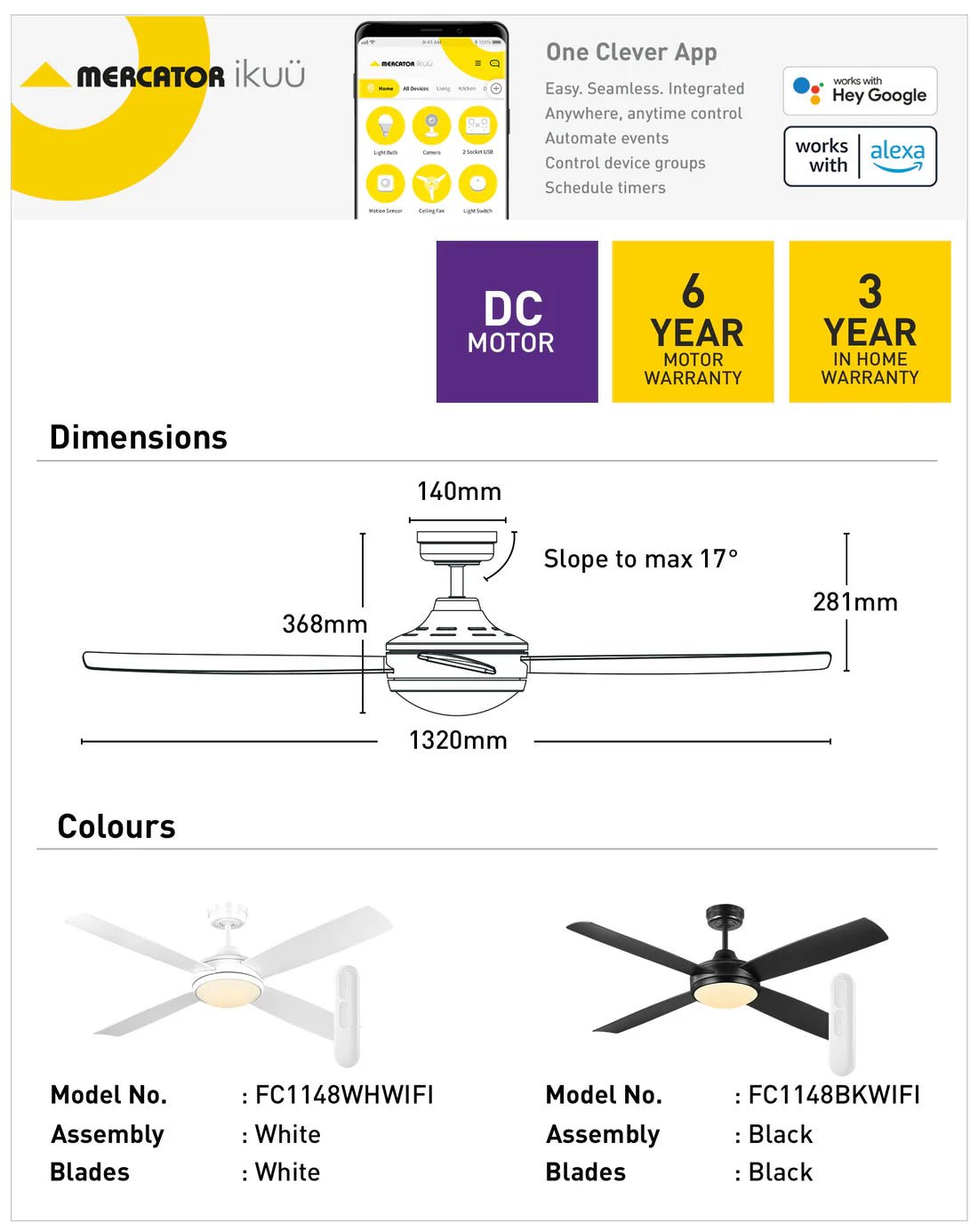 Mercator Anova Smart DC Ceiling Fan Wi - Fi with LED Light in Black or White - Mases LightingMercator