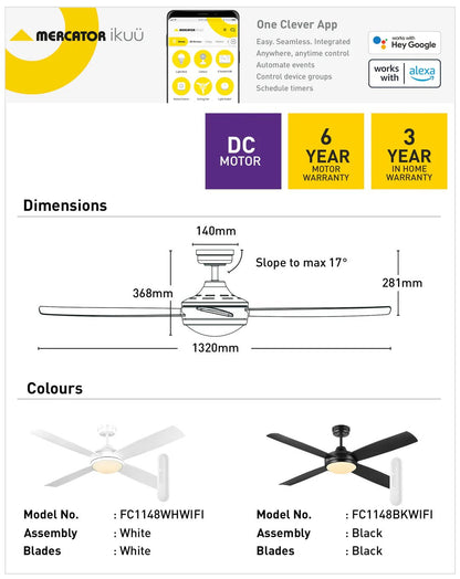 Mercator Anova Smart DC Ceiling Fan Wi - Fi with LED Light in Black or White - Mases LightingMercator