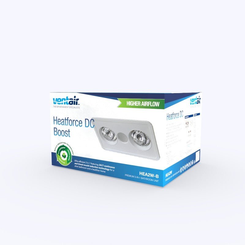 Ventair Heatforce 2 DC Bathroom 3 in 1 Heat, Light & Exhaust Fan with Boost | White - Mases LightingVentair