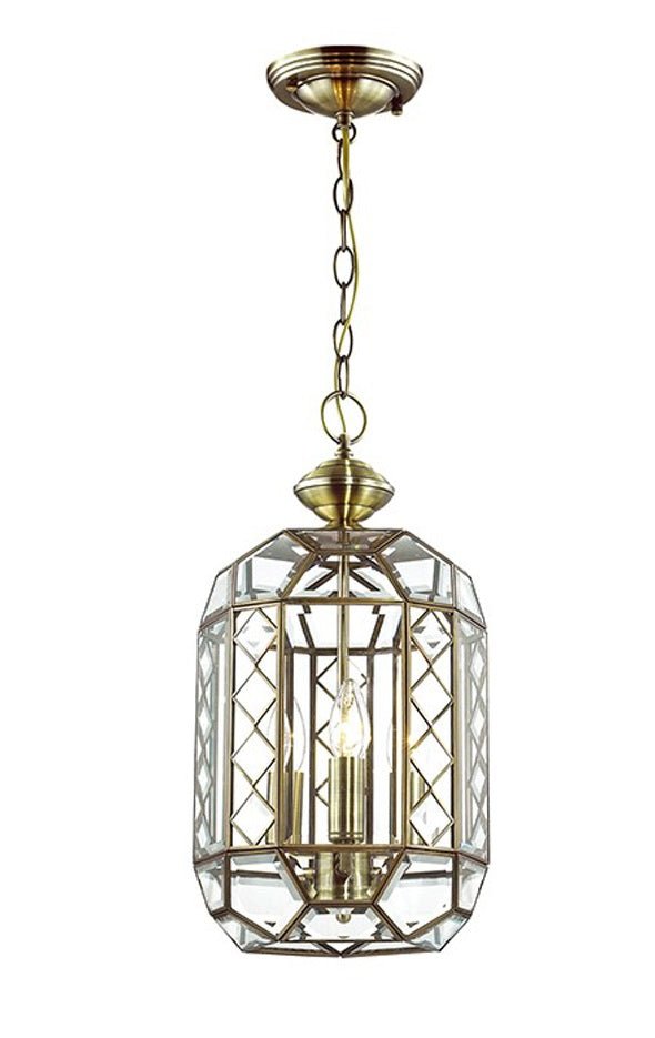 Evertop 3 Light Antique Brass and Glass Lantern Pendant Light - Mases LightingEvertop