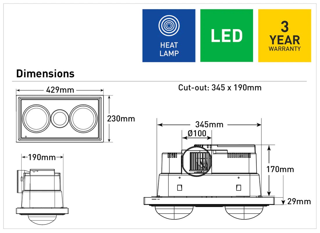 Mercator Midas Duo 3-In-1 Bathroom Heater With Exhaust Fan And LED Light - Mases LightingMercator