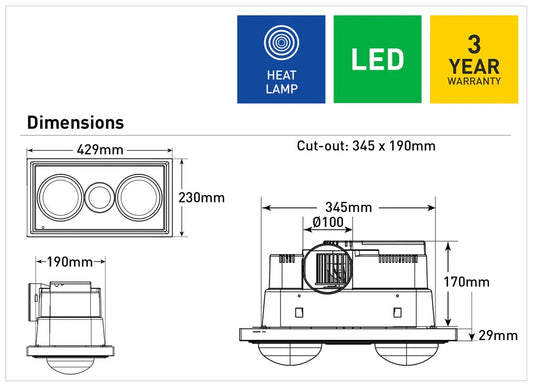 Mercator Midas Duo 3-In-1 Bathroom Heater With Exhaust Fan And LED Light - Mases LightingMercator